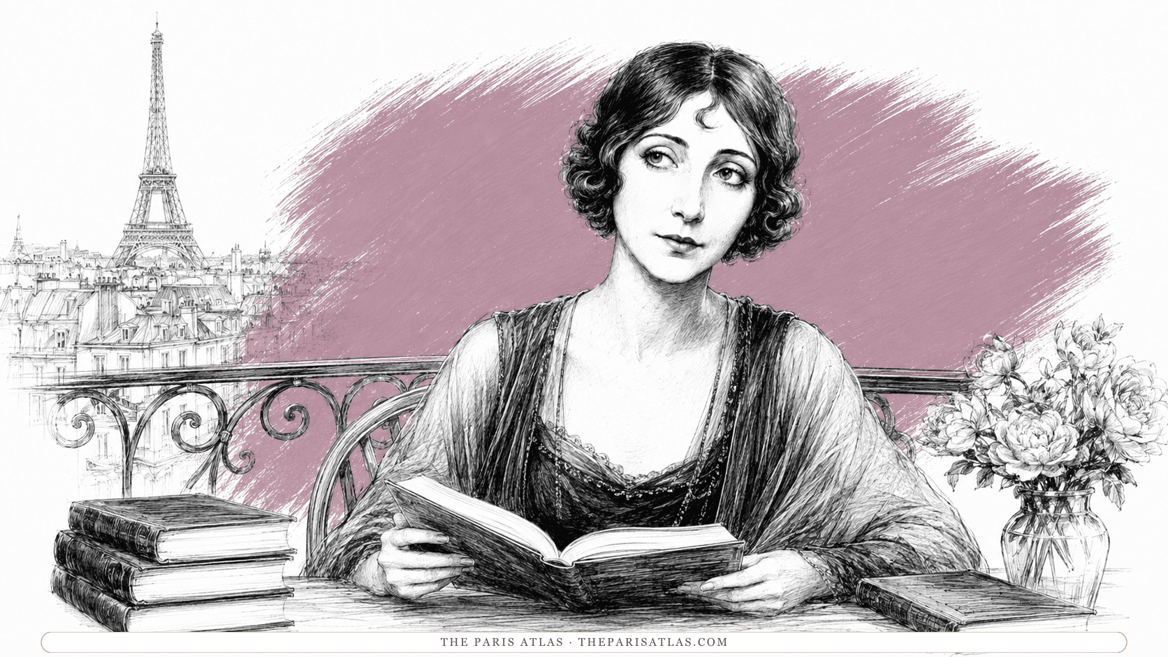 Anaïs Nin holding an open book in both hands at a balcony table, a stack of books at her left, peonies in a glass vase at her right, and the Eiffel Tower over Paris rooftops behind her.