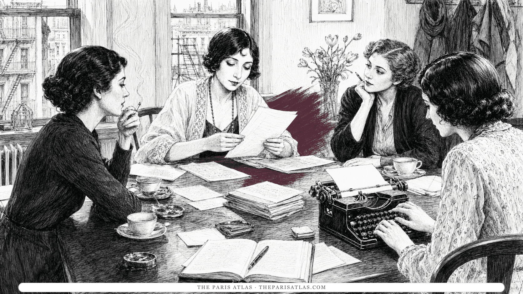 Four adult women writers exchange pages around a 1940s New York apartment table.