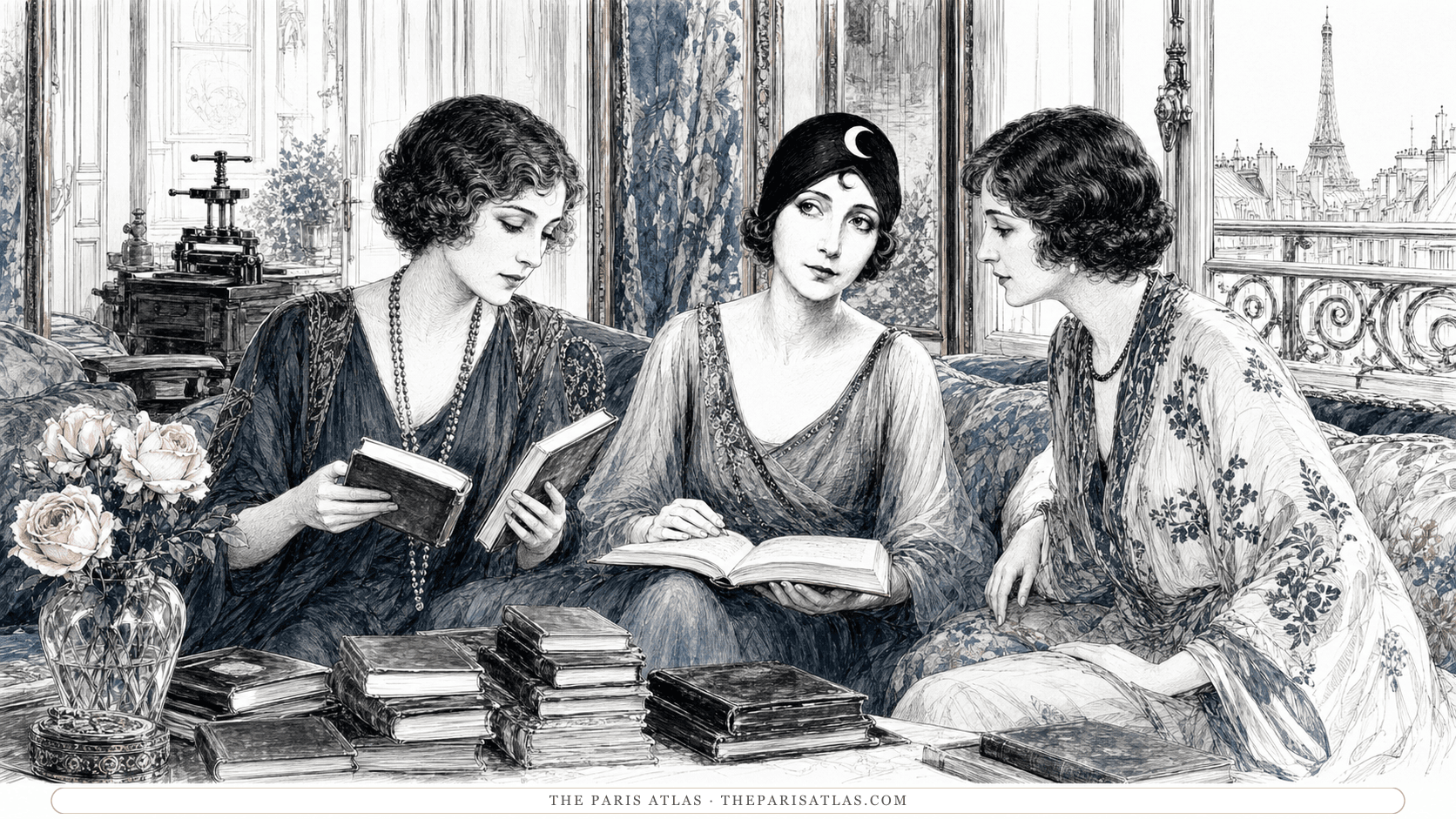 Anaïs Nin in her crescent-moon turban seated with two women comparing journals in a Paris sitting room filled with unlabelled volumes, roses, and a small hand press.