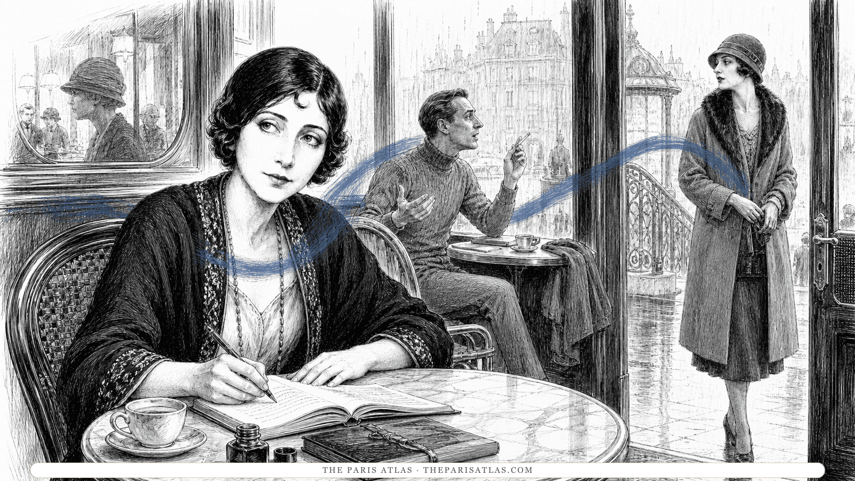 Anaïs Nin journals at a Paris café while an adult writer and an elegant adult woman occupy separate planes behind her.