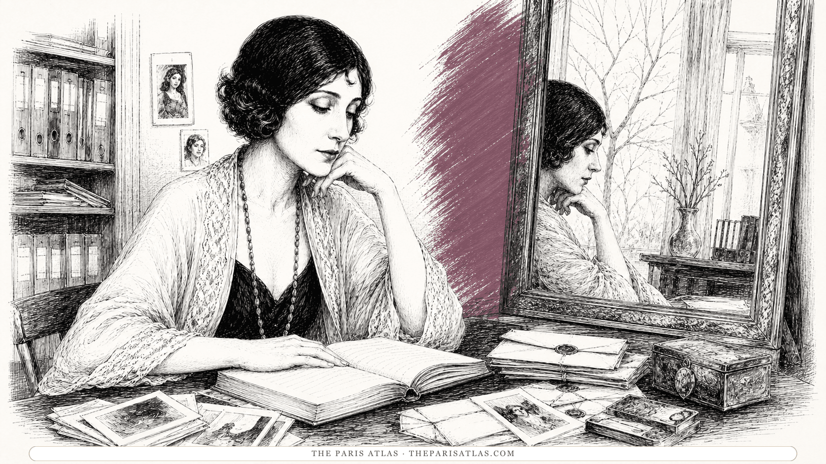 Anaïs Nin studies diaries, sealed letters, and family photographs beside a tall mirror in a winter room.