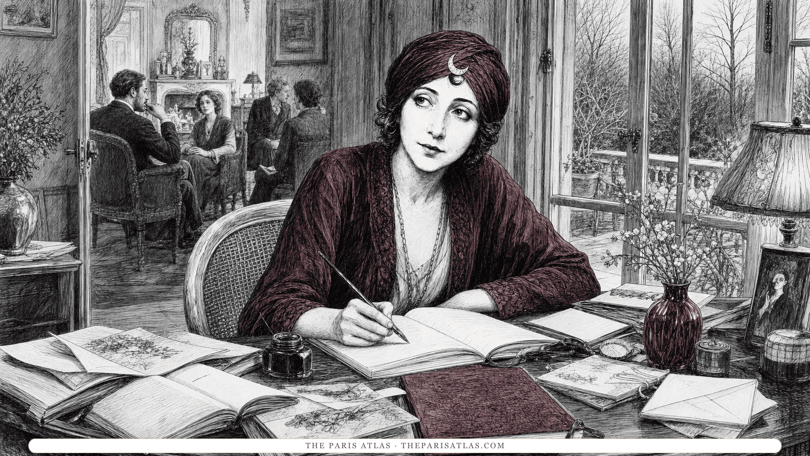 Anaïs Nin writes at a Louveciennes desk while adult friends converse in the room behind her.