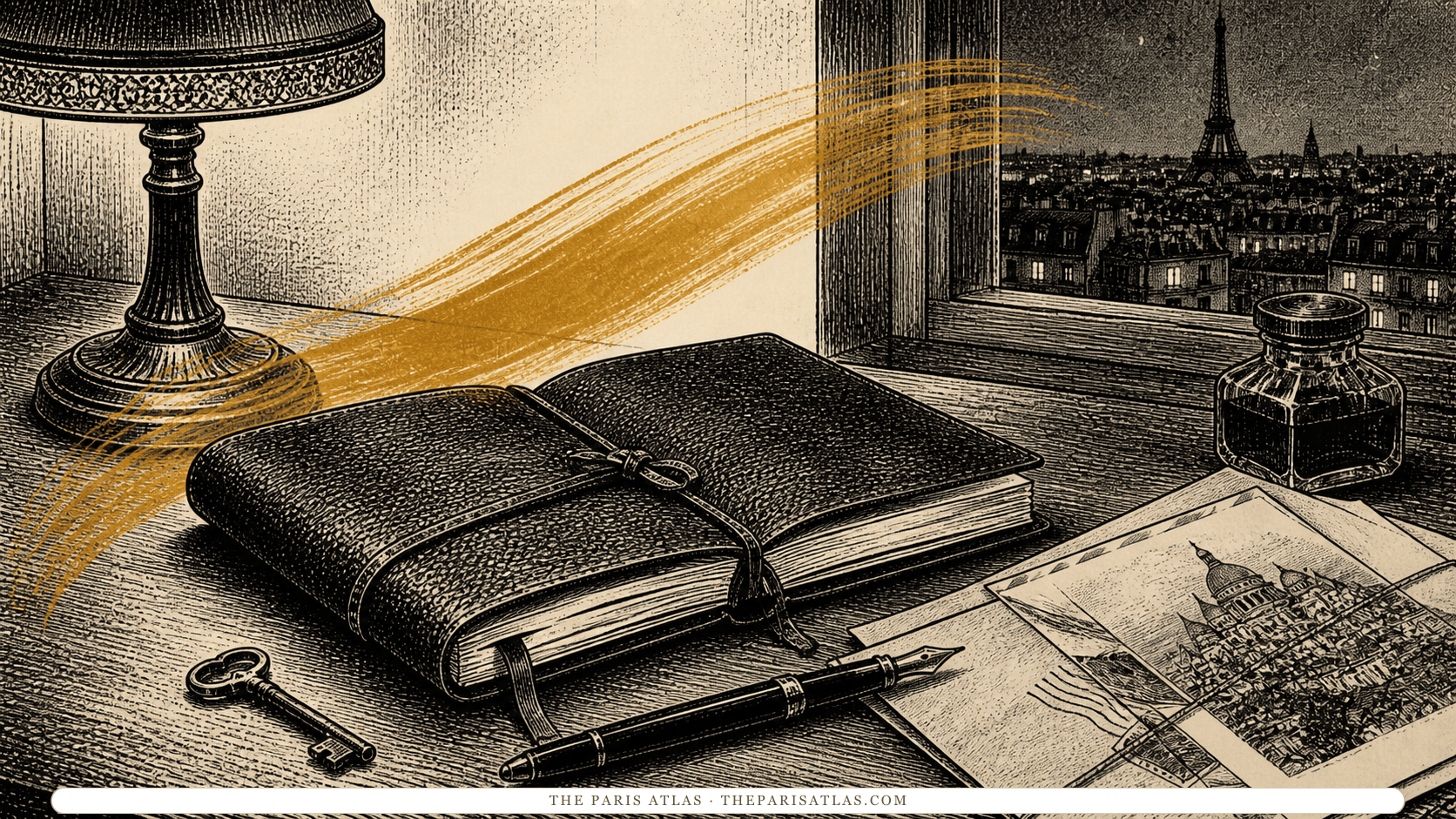 Pen-and-ink illustration of a leather diary, fountain pen, key, and Paris correspondence beside a nighttime window