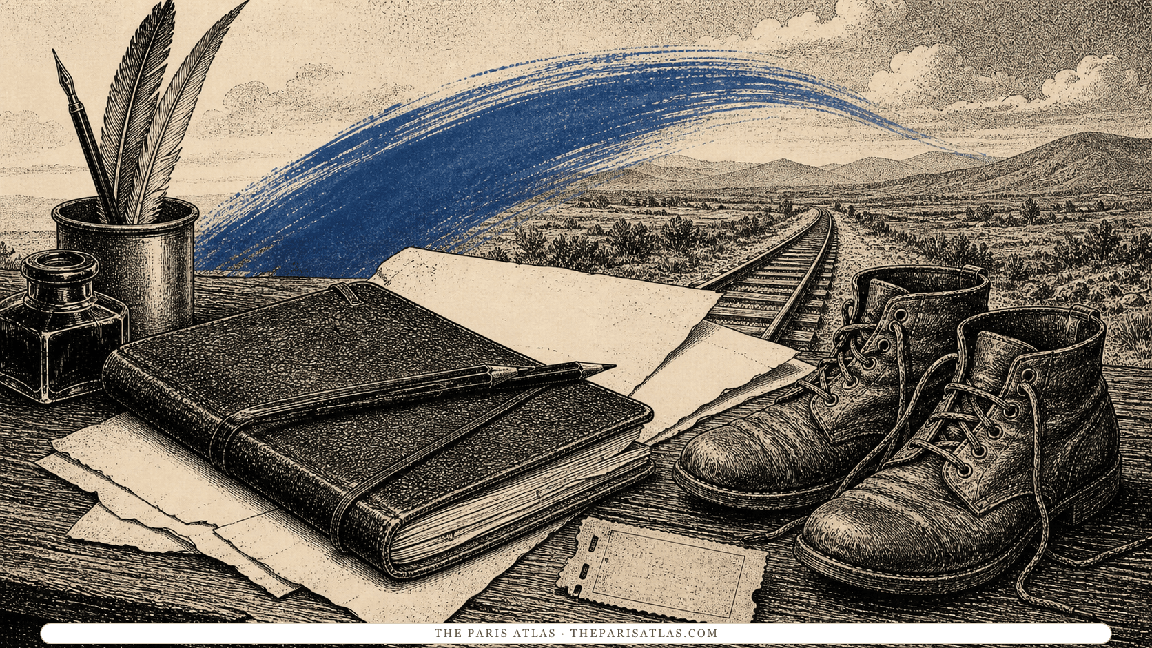 Pen-and-ink illustration of a travel notebook, worn boots, and railway tracks crossing a distant landscape