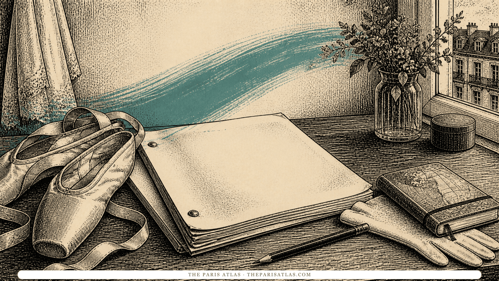 Pen-and-ink illustration of ballet slippers, a blank script, gloves, and a field notebook