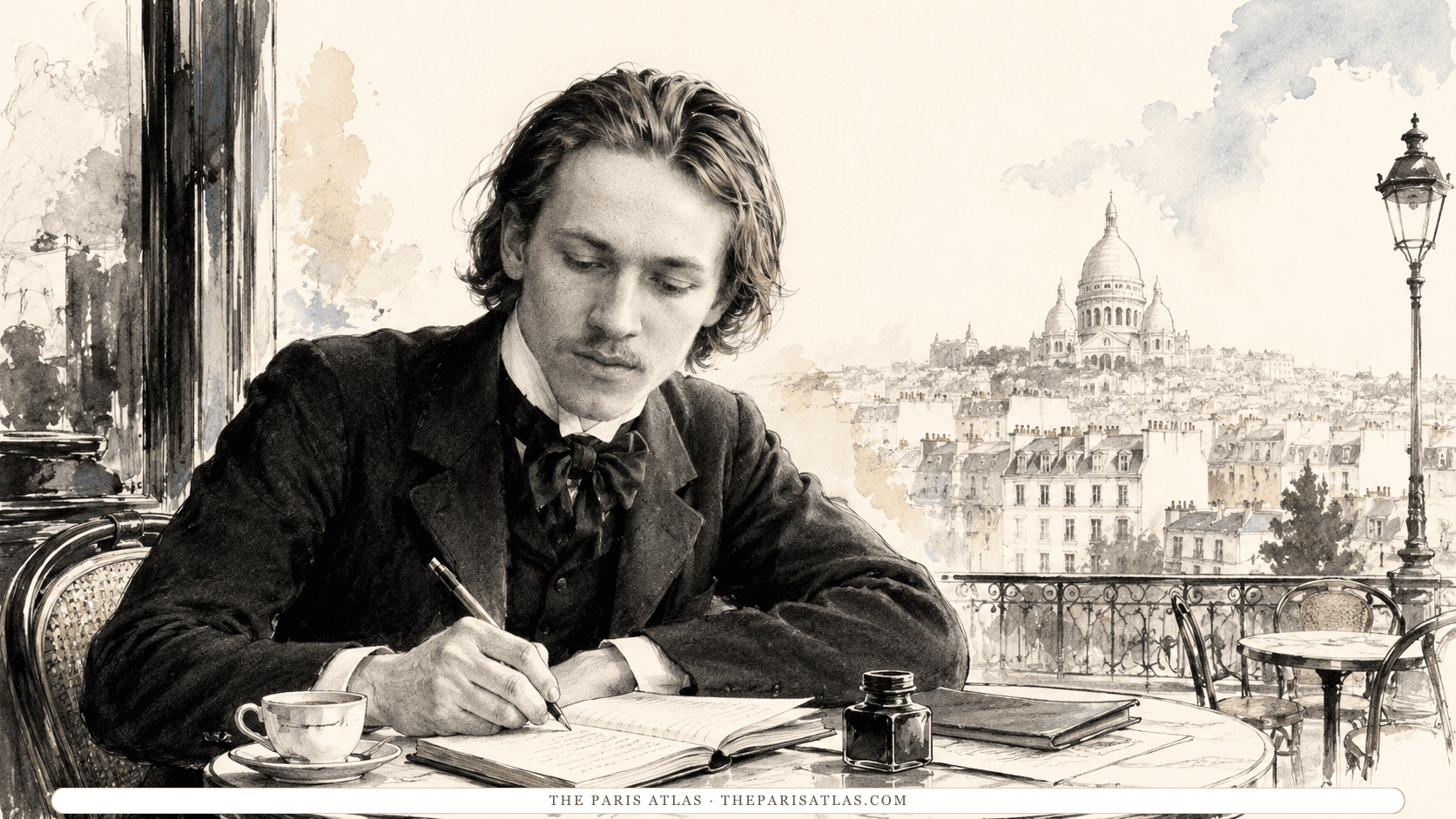 Pen-and-ink drawing of the young Blaise Cendrars writing at a café table, coffee and books beside the page, with the lamp posts of Montmartre and the domes of Sacré-Cœur rising behind him.