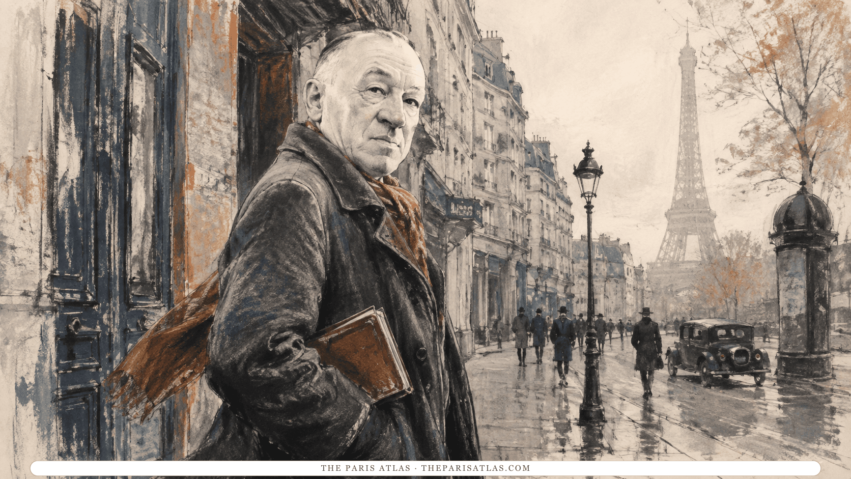 An older Blaise Cendrars standing on a Paris street, the Eiffel Tower rising over the rooftops behind him.