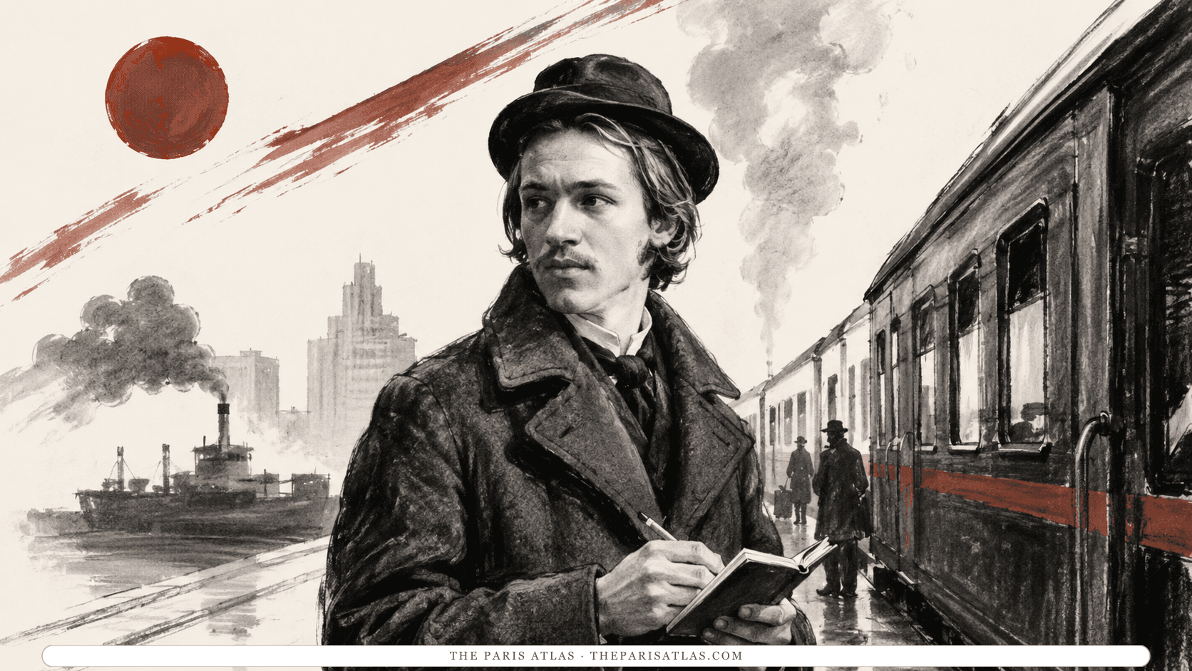 Blaise Cendrars standing on a station platform beside a steaming locomotive, a bag over his shoulder, a huge red sun hanging low over the tracks.