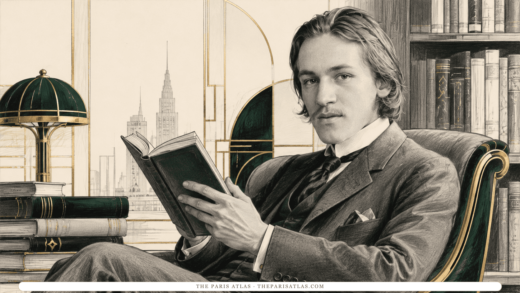Blaise Cendrars reading a green-bound book in an art-deco library, towers and skyscrapers rising in the mural behind the shelves.