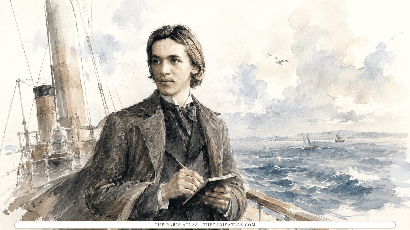 The young Blaise Cendrars at the rail of an ocean liner, coat blowing in the wind, a watercolor sea and gulls behind him.