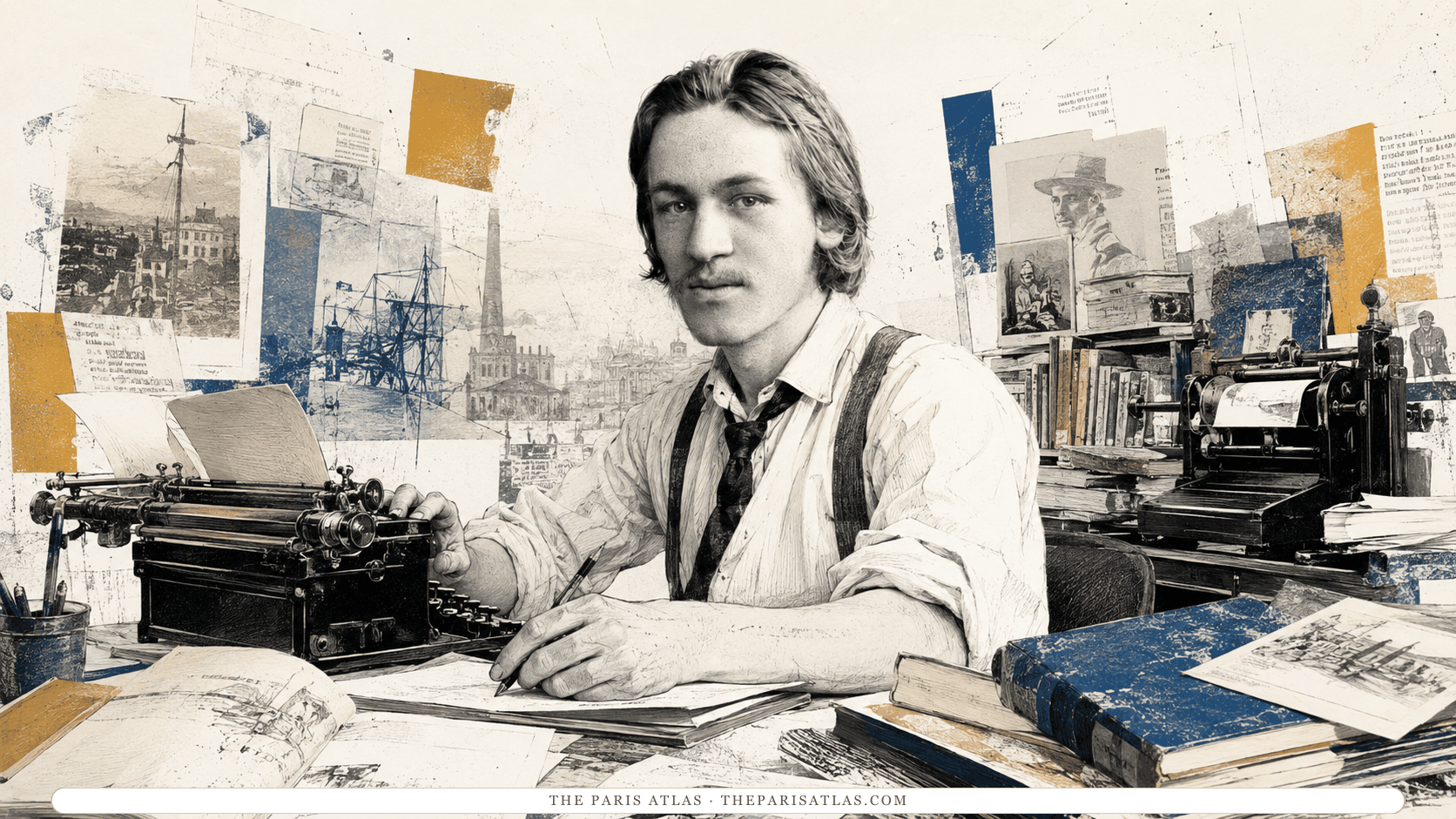 A collage-style drawing of Blaise Cendrars beside a typewriter, a hand press, loose type, and printed pages fanned around him.