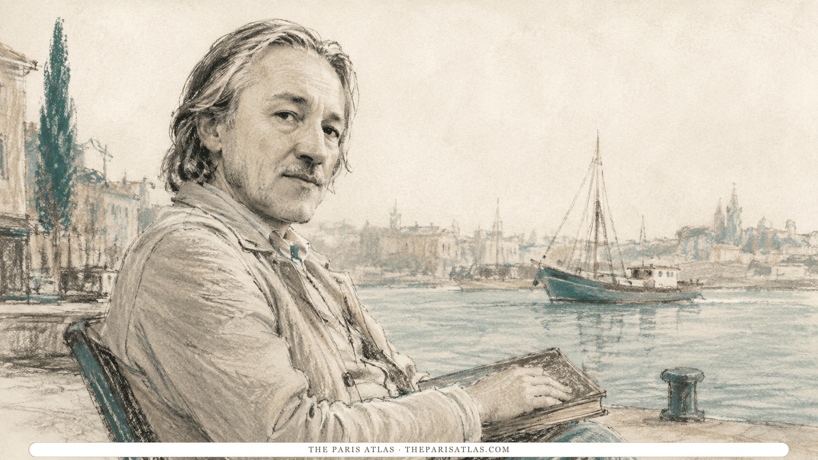 A grey-haired Blaise Cendrars standing on a harbor quay holding a book, moored ships and dock cranes behind him.