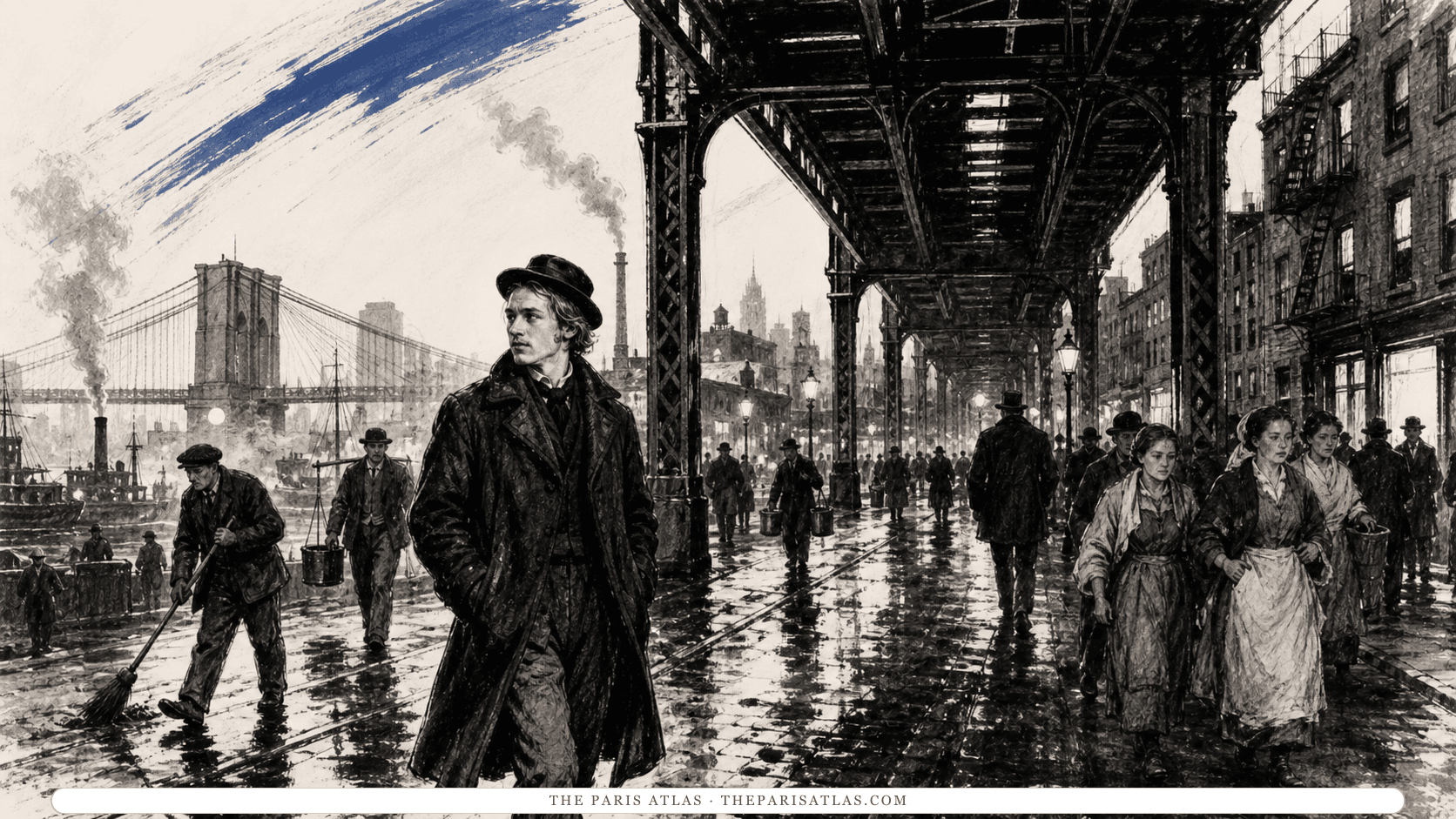 Night workers and early churchgoers move beneath elevated tracks as a young adult poet crosses wet Manhattan streets.