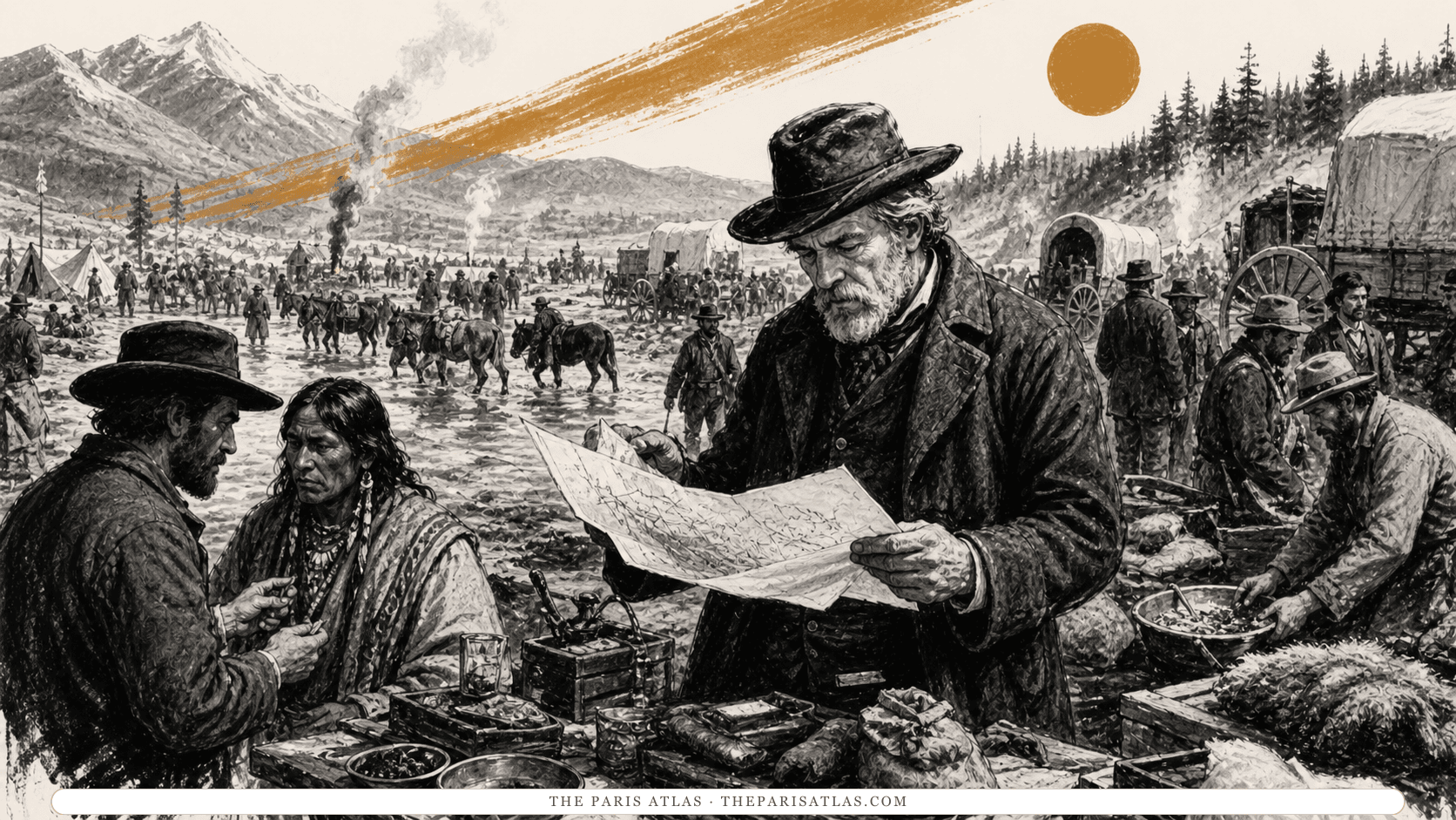 Adult traders, miners, migrants, and Indigenous merchants fill a frontier trading yard during a gold rush.