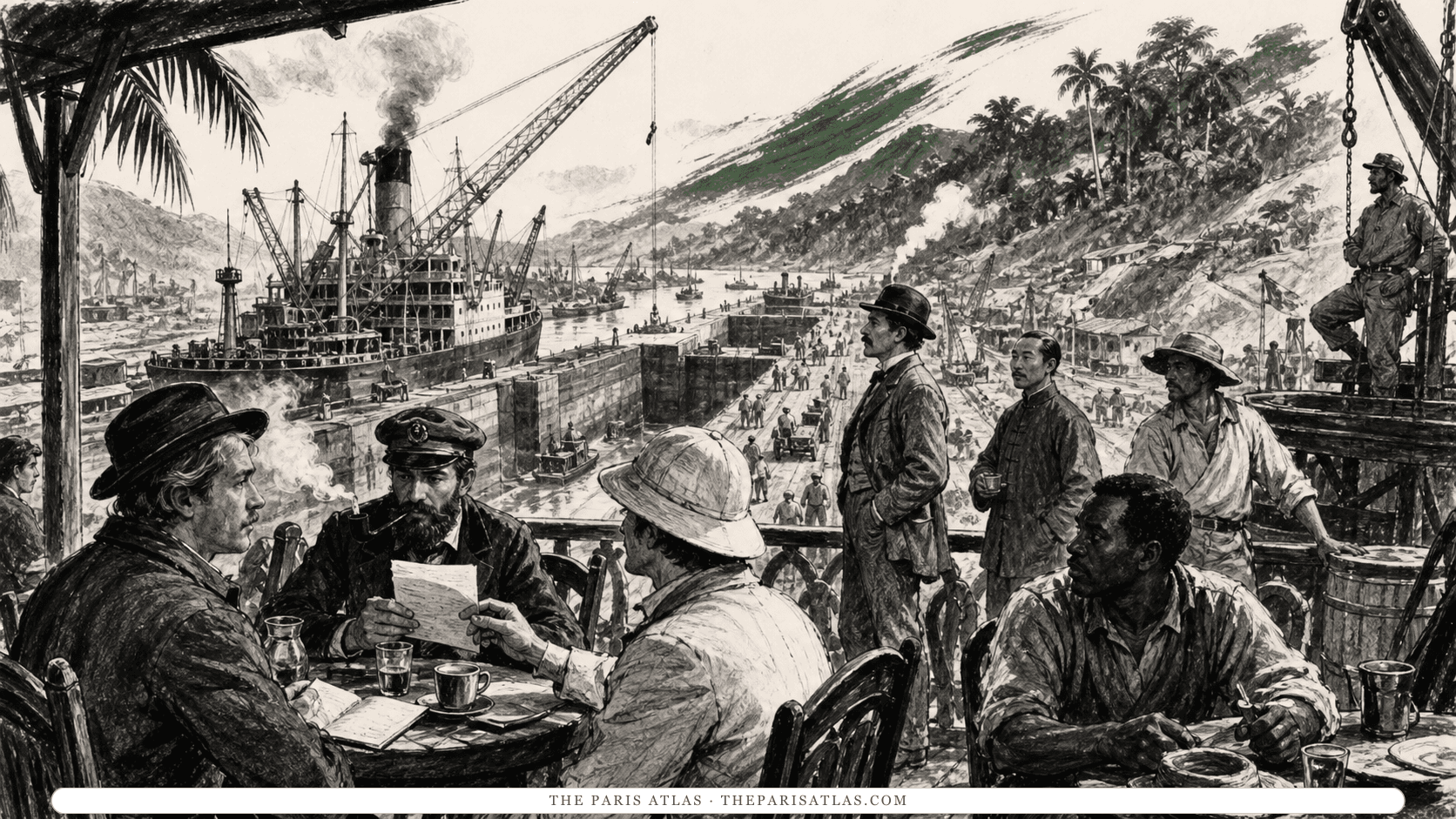 Sailors, engineers, and laborers gather above a busy canal construction zone and tropical port.