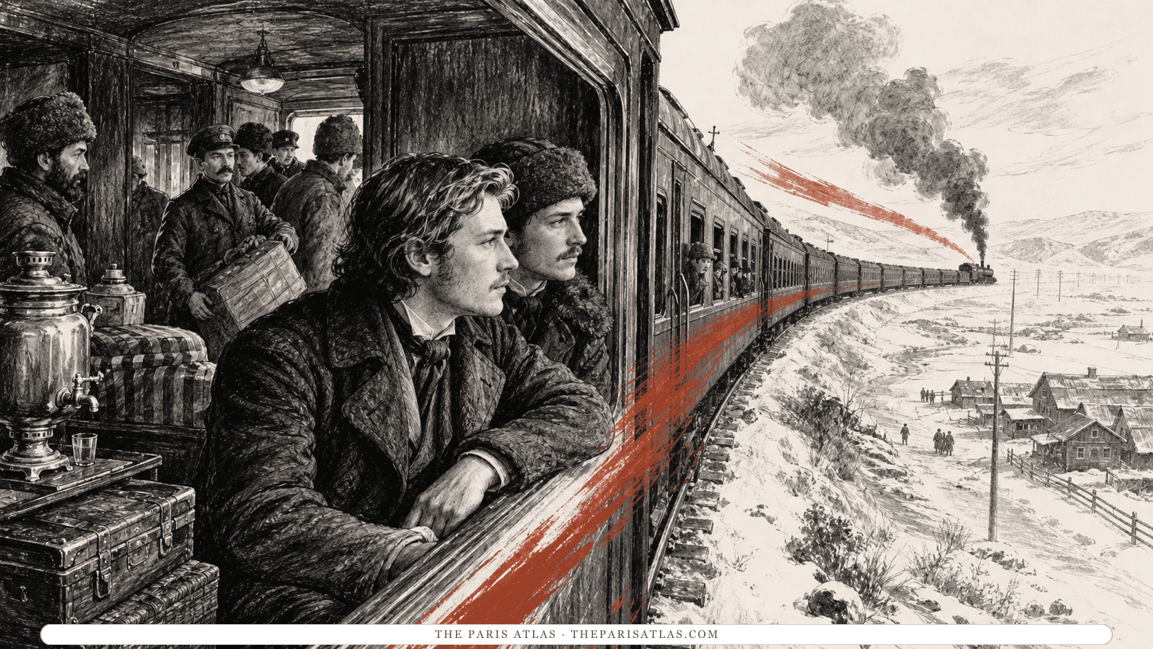 Travelers crowd a steam train crossing a frozen landscape as two young adults watch from a compartment window.