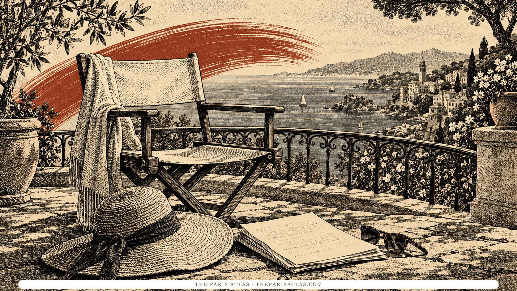 A director’s chair, straw hat and script on a Mediterranean terrace.