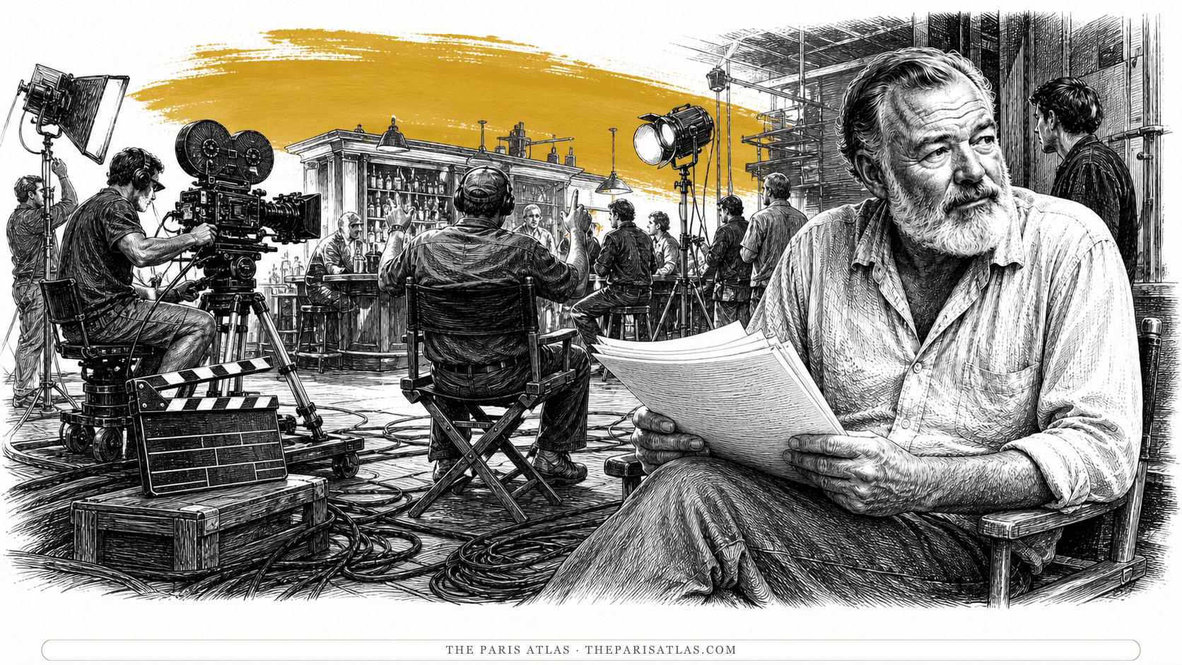 Charles Bukowski reading script pages at the edge of a crowded 1980s film soundstage with camera, lights, cables and an invented bar set.