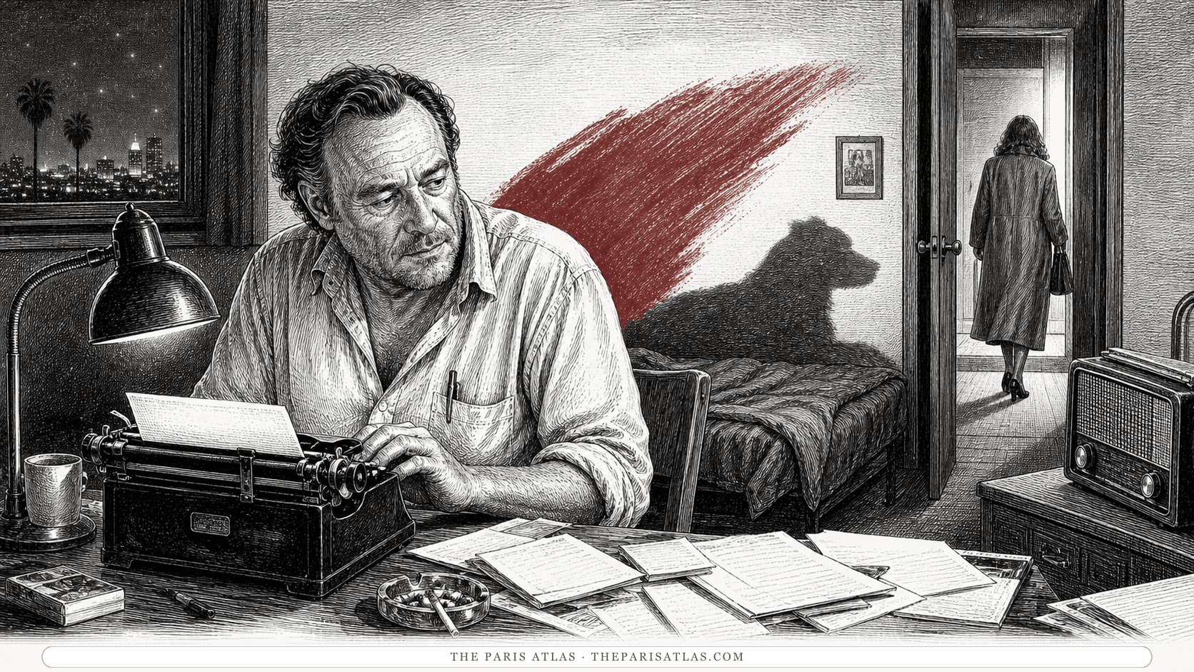 Charles Bukowski at a typewriter in a modest Los Angeles room as an adult woman leaves through a distant doorway and a dog-shaped shadow falls across the wall.