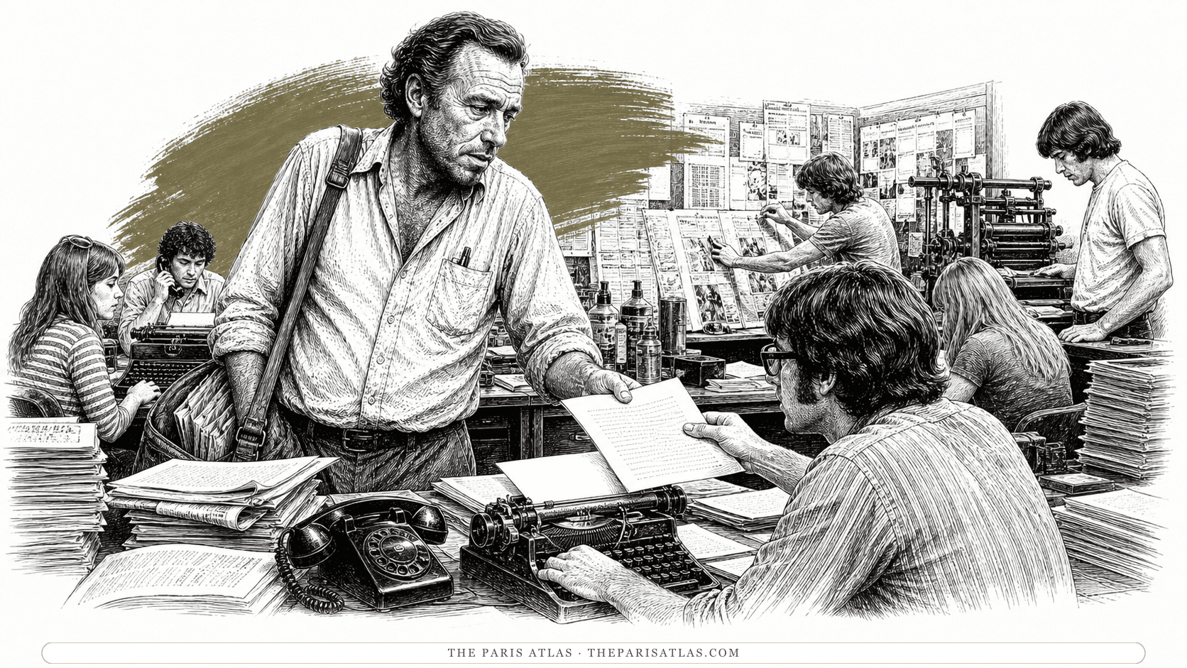 Charles Bukowski handing a typed column across a crowded underground-newspaper office where editors work at typewriters, paste-up boards and a small press.