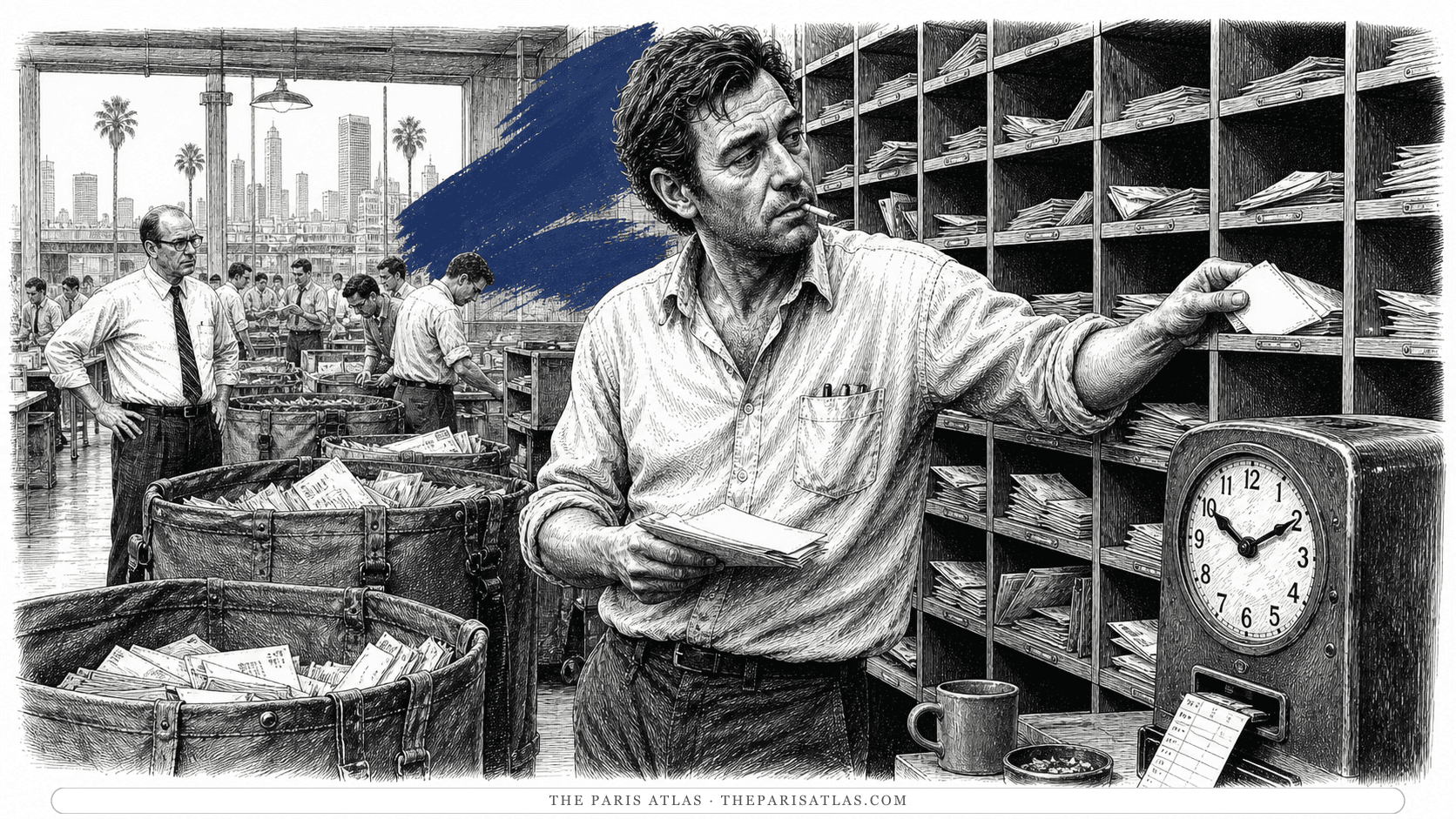 A younger Henry Chinaski-like postal clerk sorting mail before ranked cases, canvas sacks and a time clock in a large Los Angeles workroom.