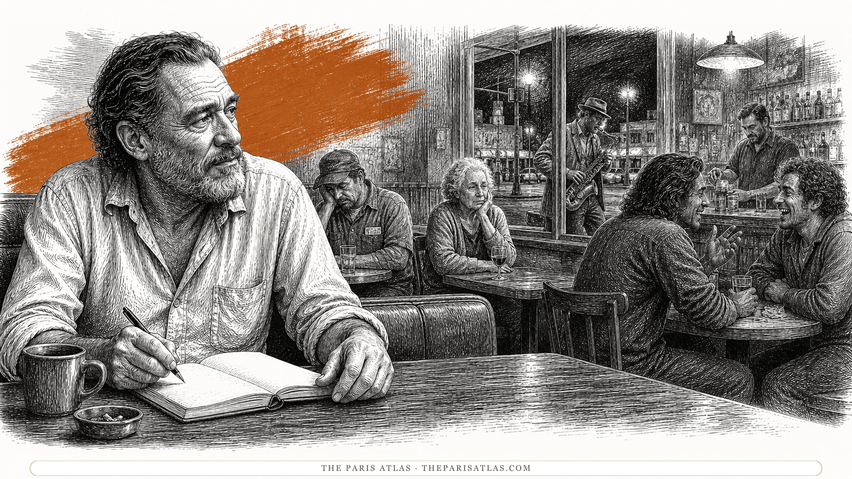 Charles Bukowski writing in a worn Los Angeles bar booth while workers, friends, a bartender and a street musician form the ordinary night around him.