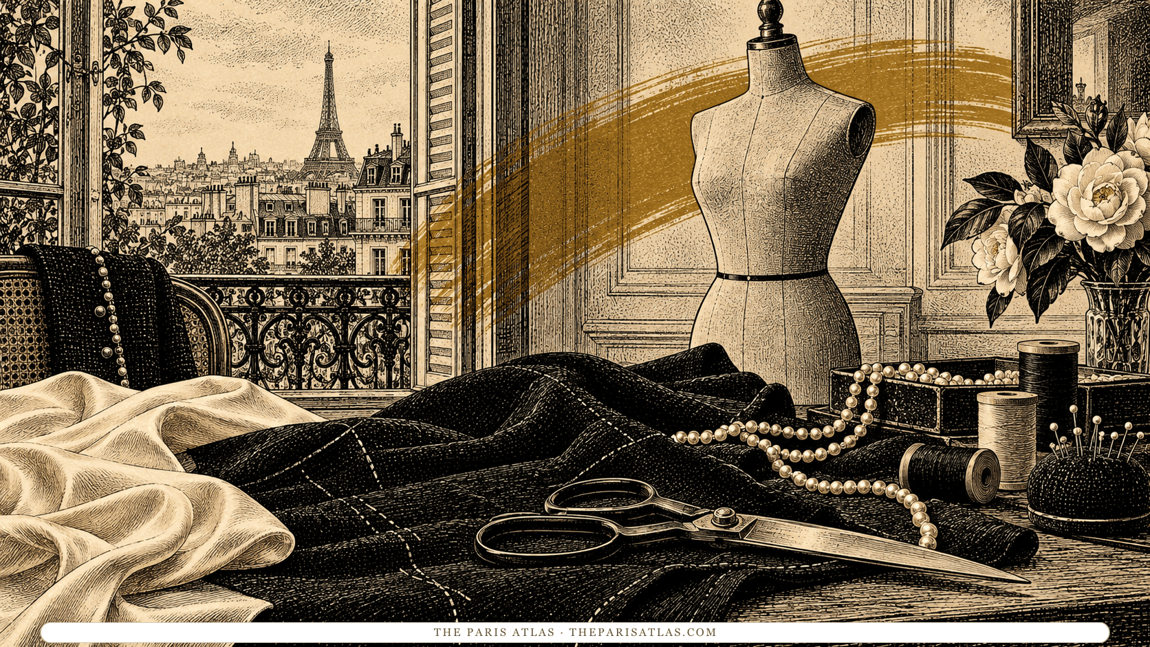 Fabric, pearls and tailoring tools in an illustrated Paris atelier.