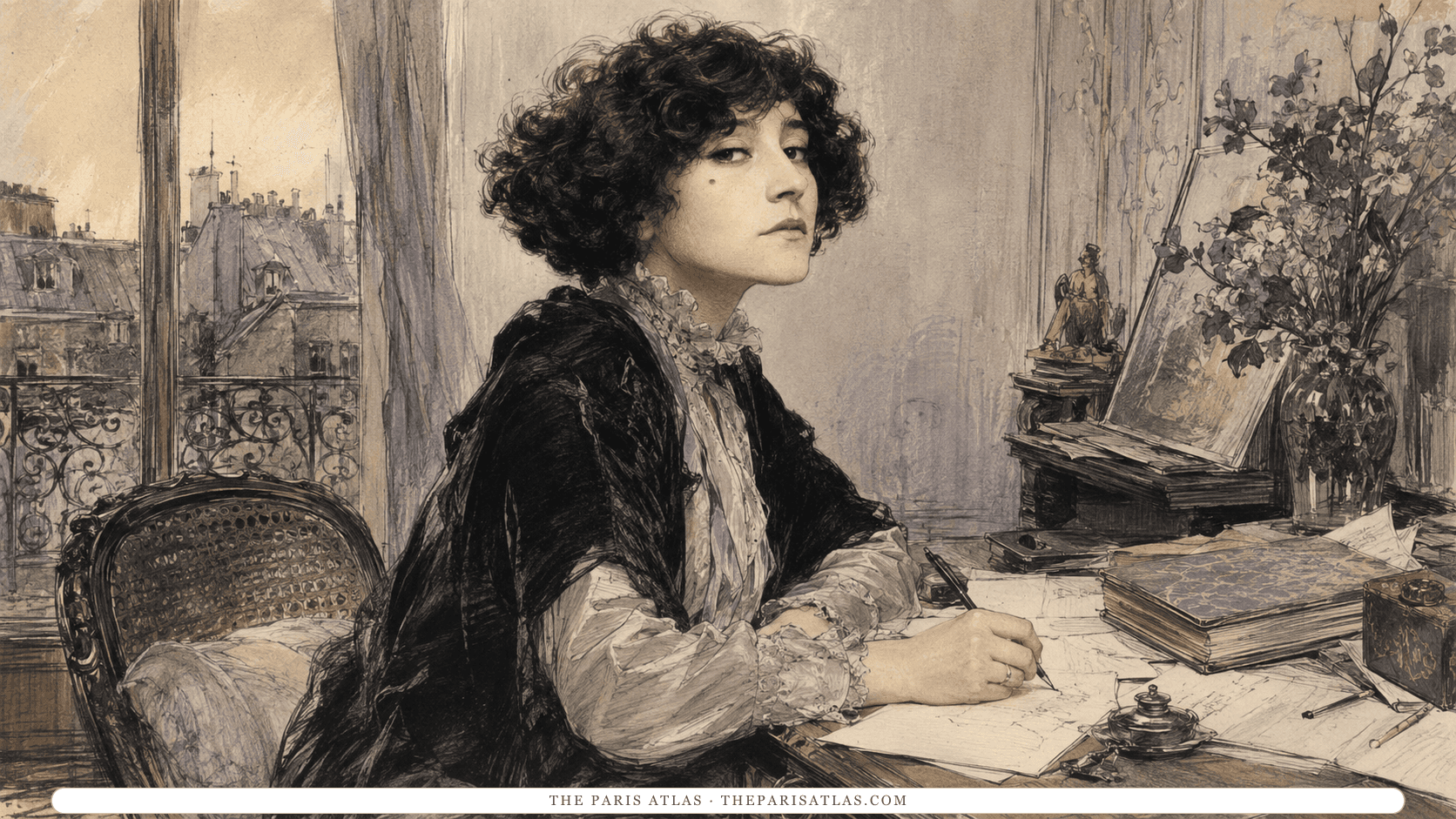 Colette writing at a desk covered with loose pages and marbled notebooks, Paris rooftops and a wrought-iron balcony through the window behind her.