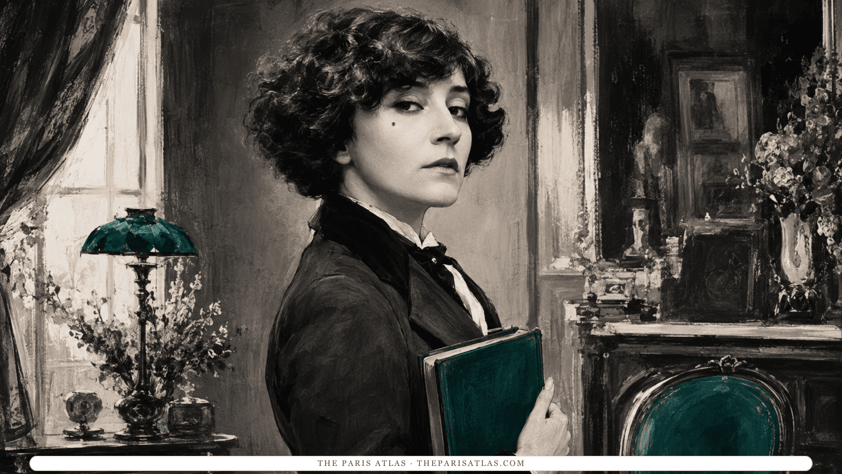Colette in a dark tailored suit and bow tie holding a green-bound book, standing before a mirror and mantel, a green glass lamp glowing by the window.