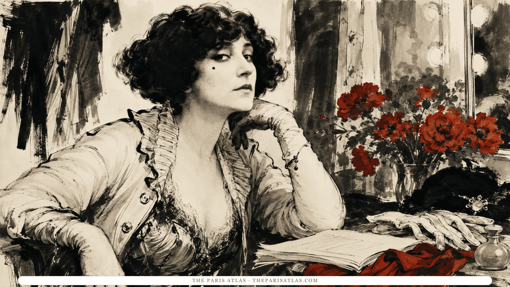 Colette in a theatre dressing room, chin on her gloved hand, red flowers and a bulb-lit mirror beside long white gloves and loose pages.