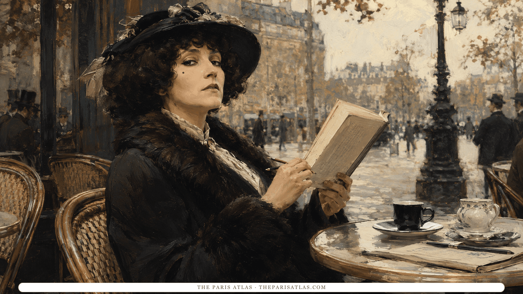 Colette in a plumed black hat and fur-collared coat at a café terrace table, an open book and pencil in her hands, a boulevard of walkers and lamp posts behind her.