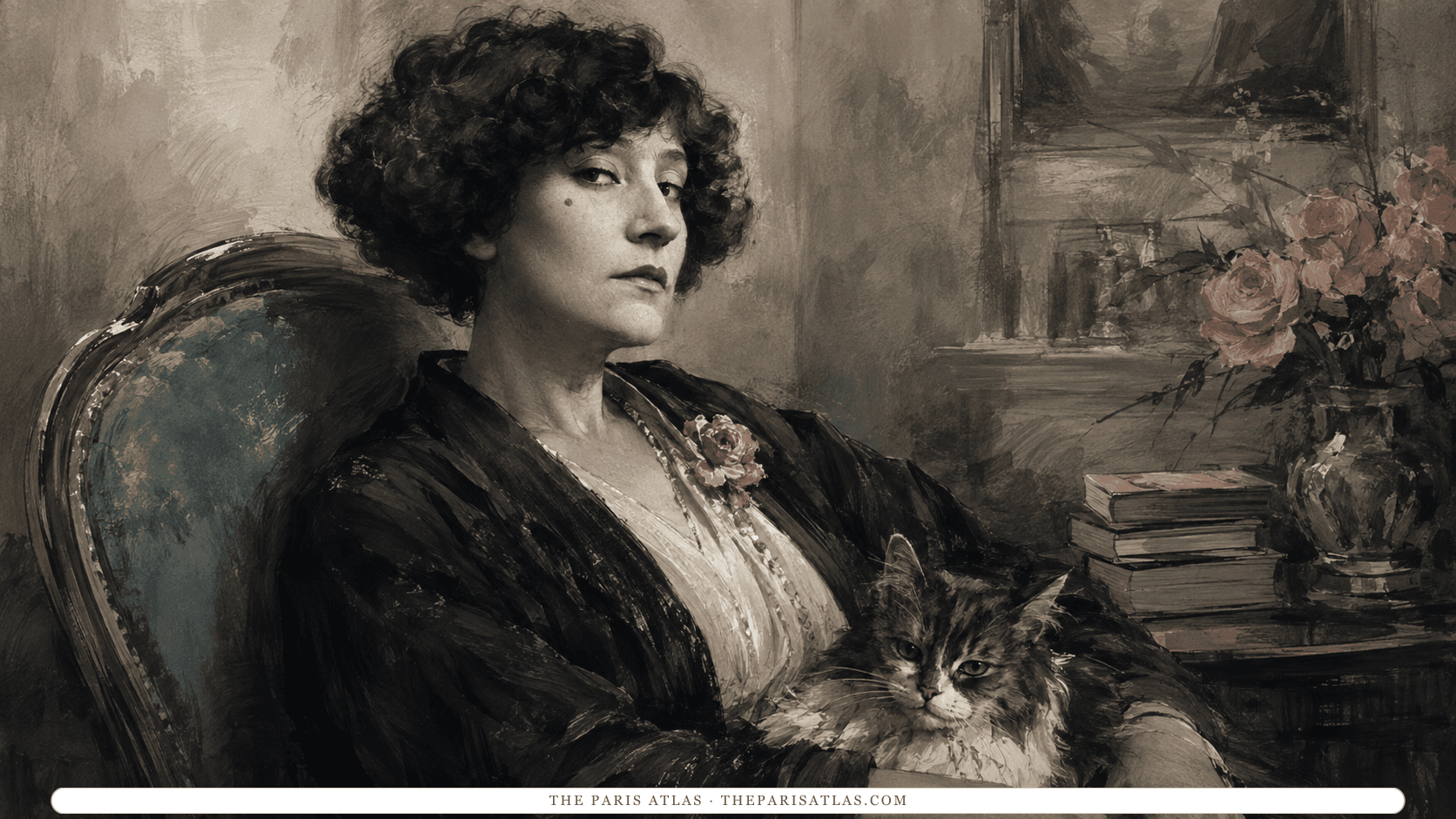 Colette seated in an armchair with a long-haired cat on her lap, a rose at her shoulder and a stack of books on the table beside her.