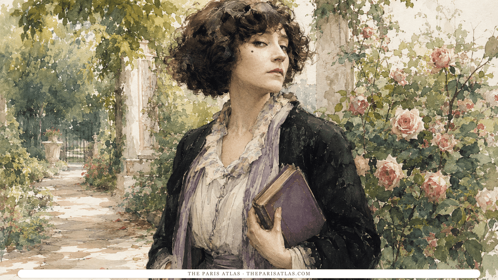 Colette walking a rose-garden path holding a purple book, a stone gate and pillars behind the climbing roses.