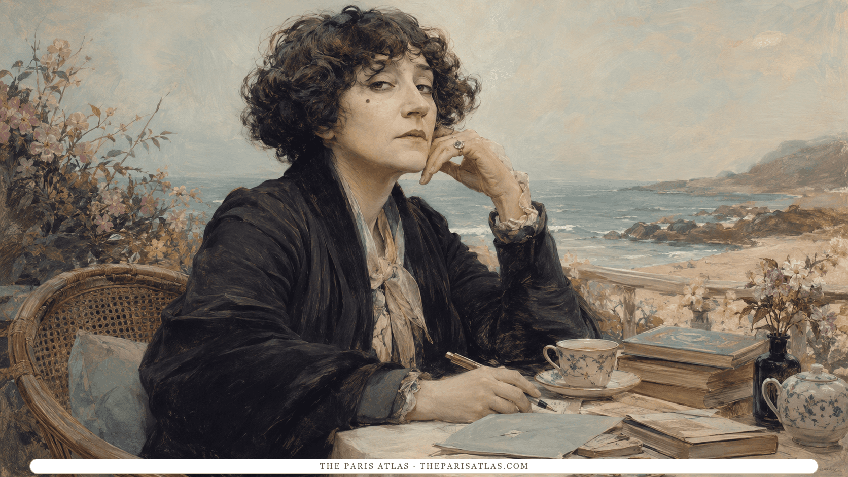 Colette at a terrace table by the sea, chin resting on her hand, a pen and writing paper beside a teacup and stacked books, a rocky coastline beyond the railing.