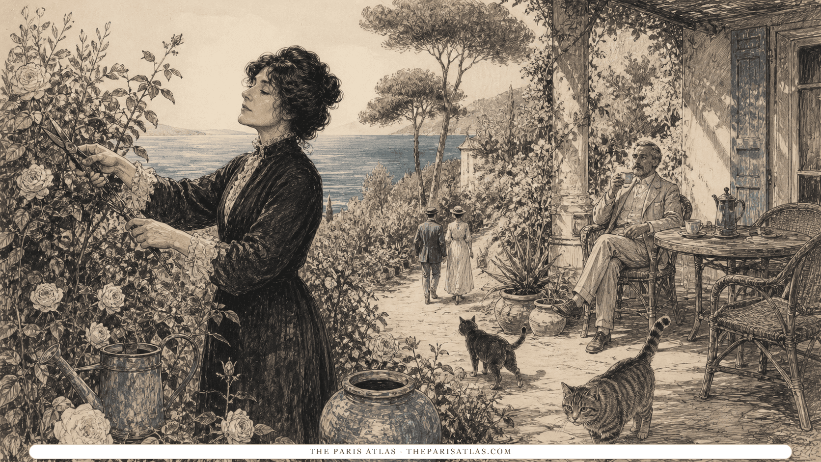 A mature woman tends roses in a Mediterranean garden while neighbors and cats cross the morning terrace.