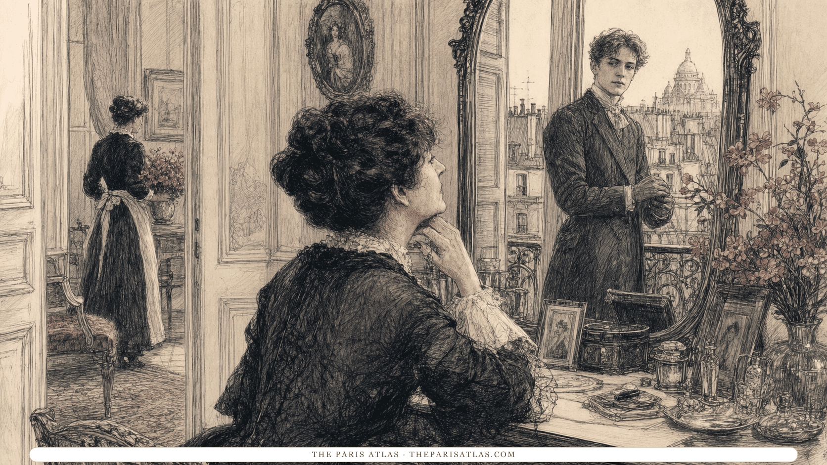 An older adult woman and a younger adult man meet each other's gaze through a dressing-room mirror.