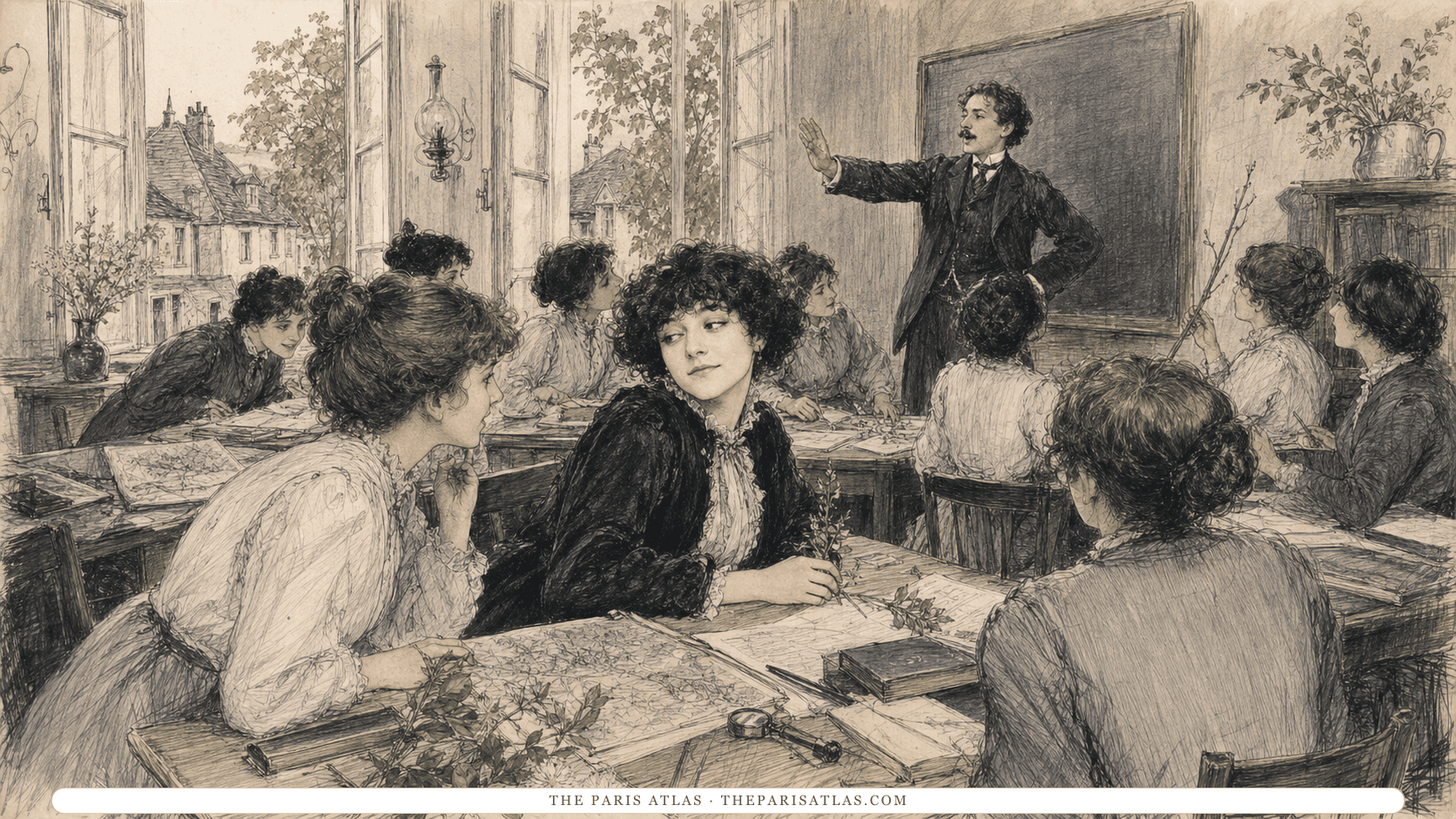 Students study maps and plants in a lively Burgundy classroom while Claudine exchanges an amused glance with a friend.