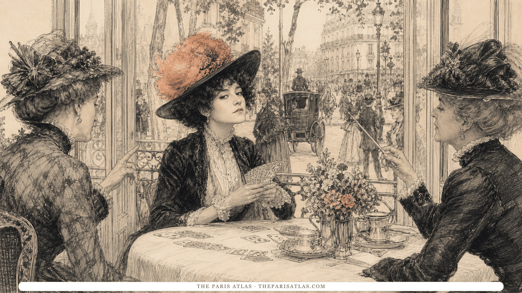 A self-possessed young adult woman learns salon etiquette from two older women above a lively Paris boulevard.