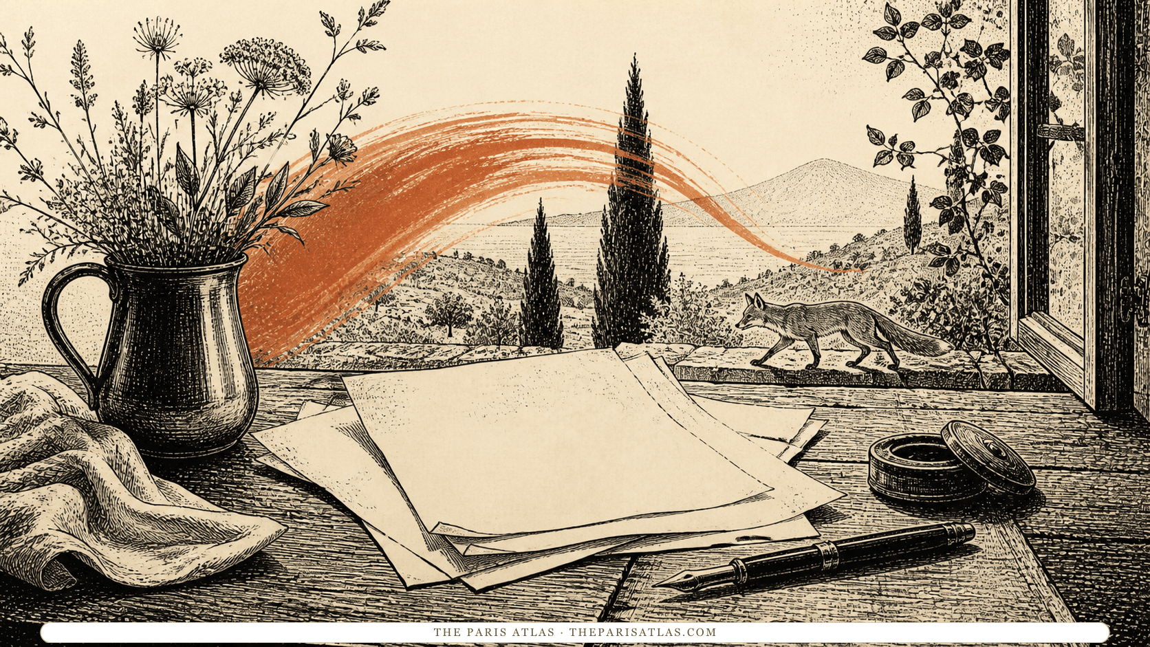 Pen-and-ink illustration of manuscript pages, wildflowers, and a fox crossing a Mediterranean landscape