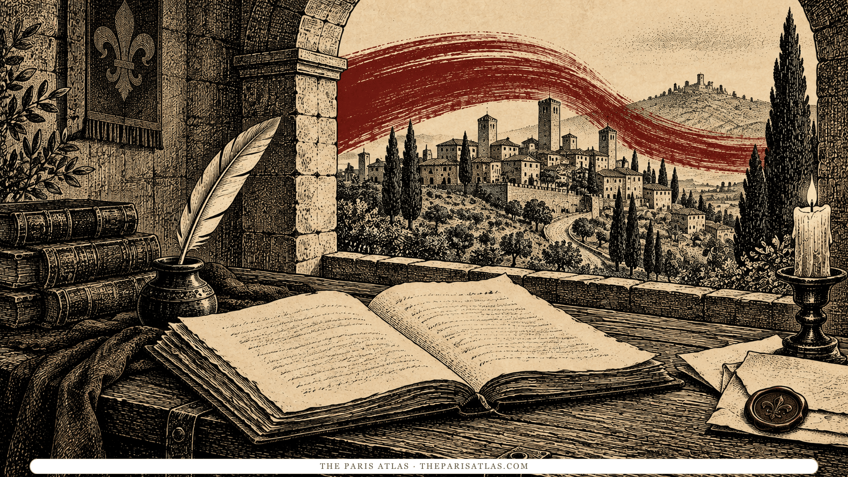Quill and manuscript beside an imagined medieval Tuscan landscape.