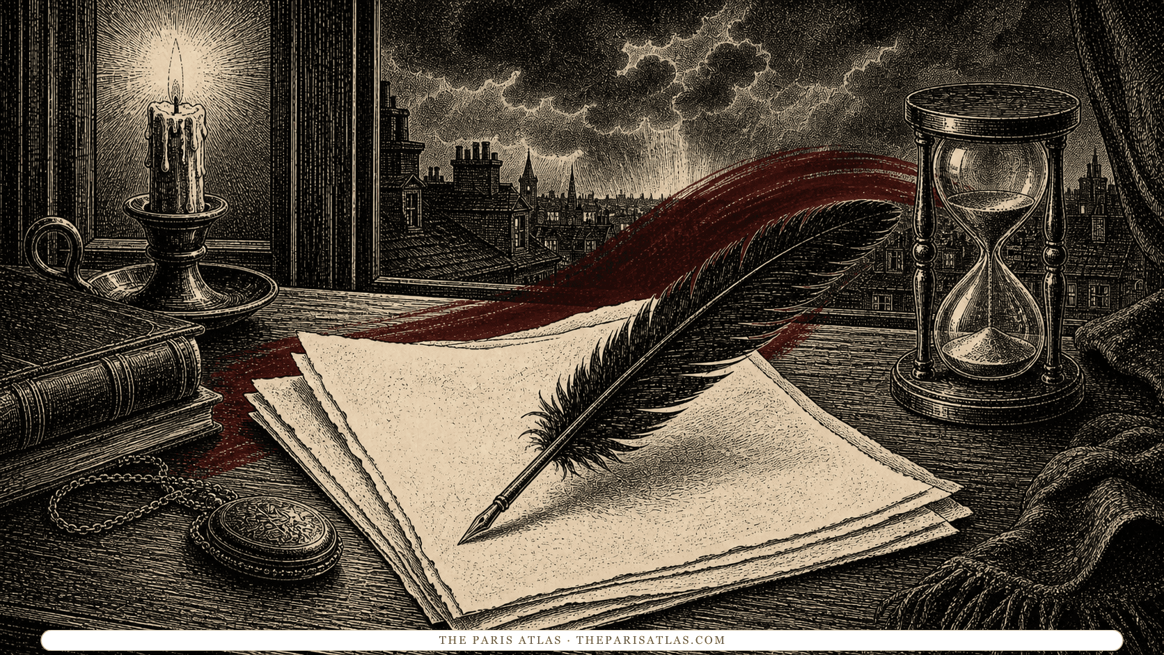 Pen-and-ink illustration of a raven feather quill, candle, hourglass, and storm-dark rooftops