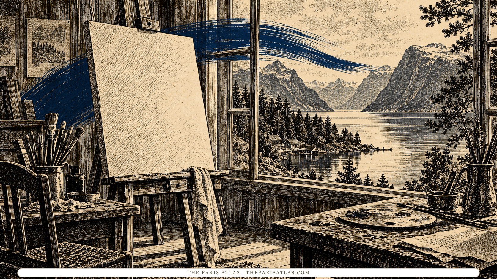 An artist’s easel beside an illustrated view of a Norwegian fjord.