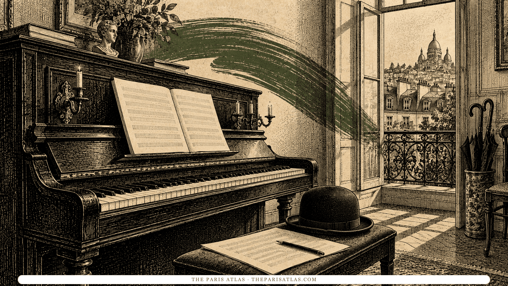 An upright piano, manuscript pages and umbrellas in a spare room.