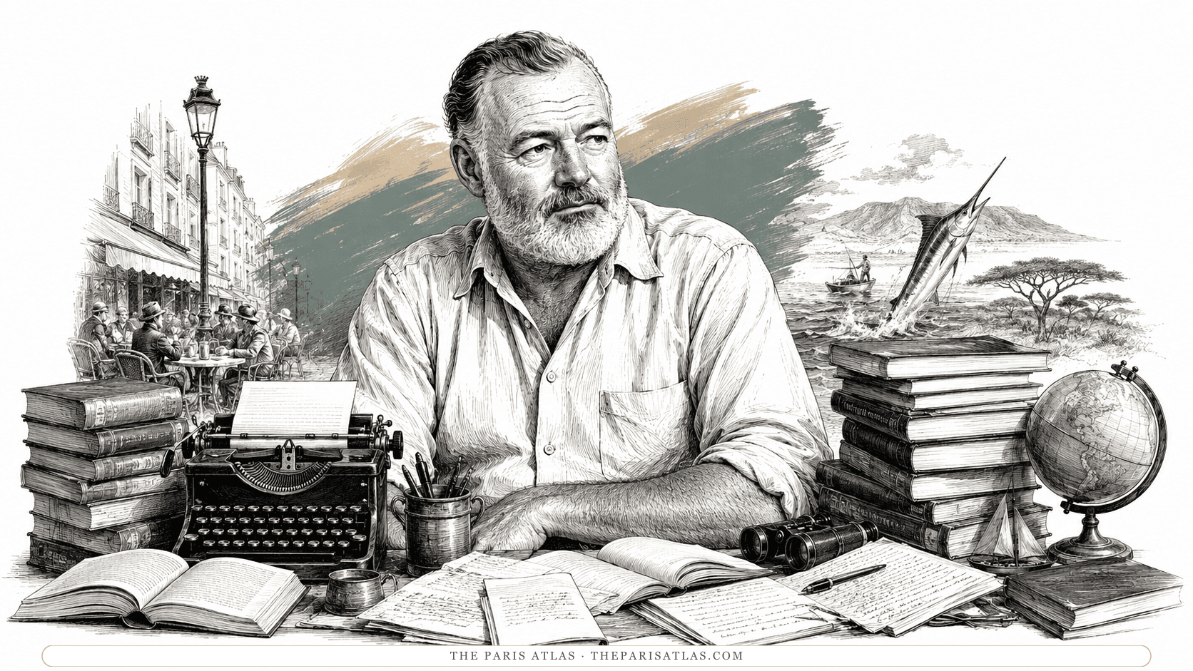Ernest Hemingway writing at a desk covered with manuscript pages, notebooks, photographs, and a pair of binoculars, drawn against the settings of his books: a Paris café terrace under the Eiffel Tower, a Spanish hill town below dry mountains, a fishing boat in rough water, and an acacia tree with a giraffe on the East African plain.