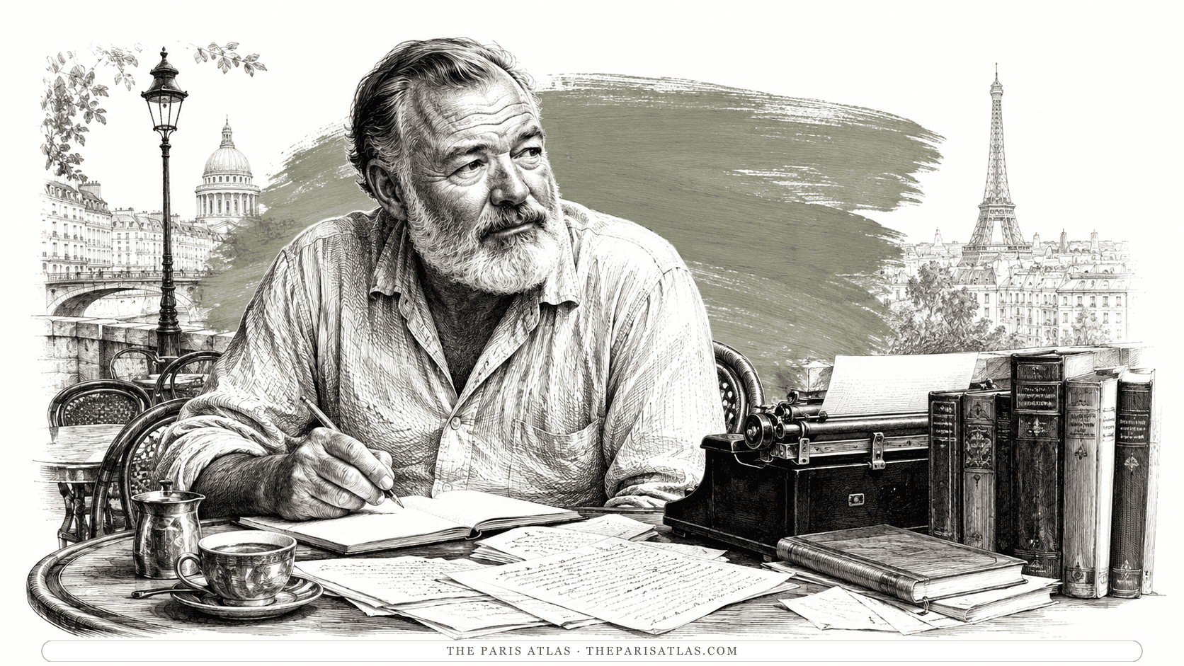 Ernest Hemingway standing beside a writing desk with a typewriter, ink pot, and pinned manuscript pages, a matador working a bull at the lower left, a marlin breaking the water behind him, and a Paris café street at the right.