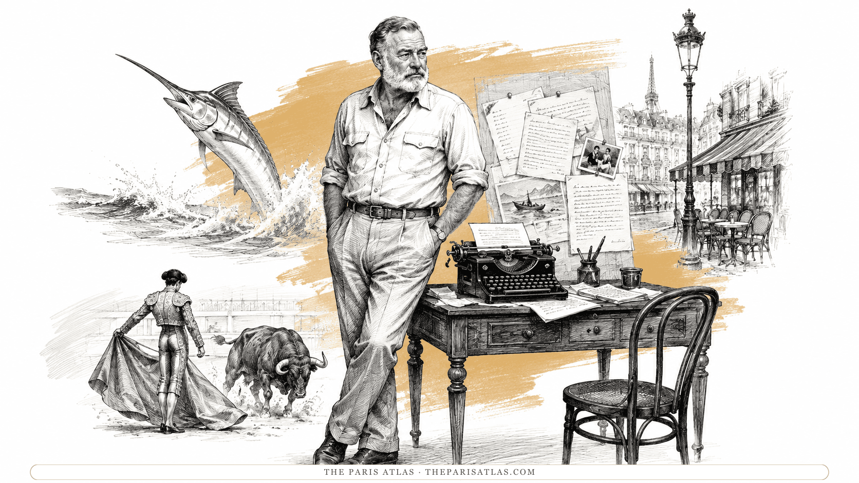 Ernest Hemingway writing in a notebook at a café table on a Paris quay, a typewriter and a row of bound books at his elbow, a coffee cup and scattered manuscript pages in front of him, with a bridge, a domed church, and the Eiffel Tower behind.