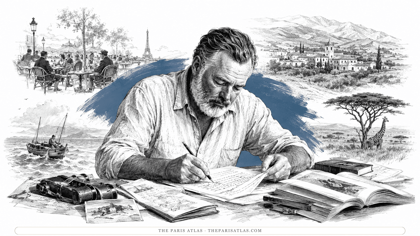 Ernest Hemingway at a desk between two tall stacks of books, a typewriter and binoculars at his left and a globe at his right, open notebooks in front of him, with a Paris café terrace behind him on one side and a marlin and an acacia tree on the other.