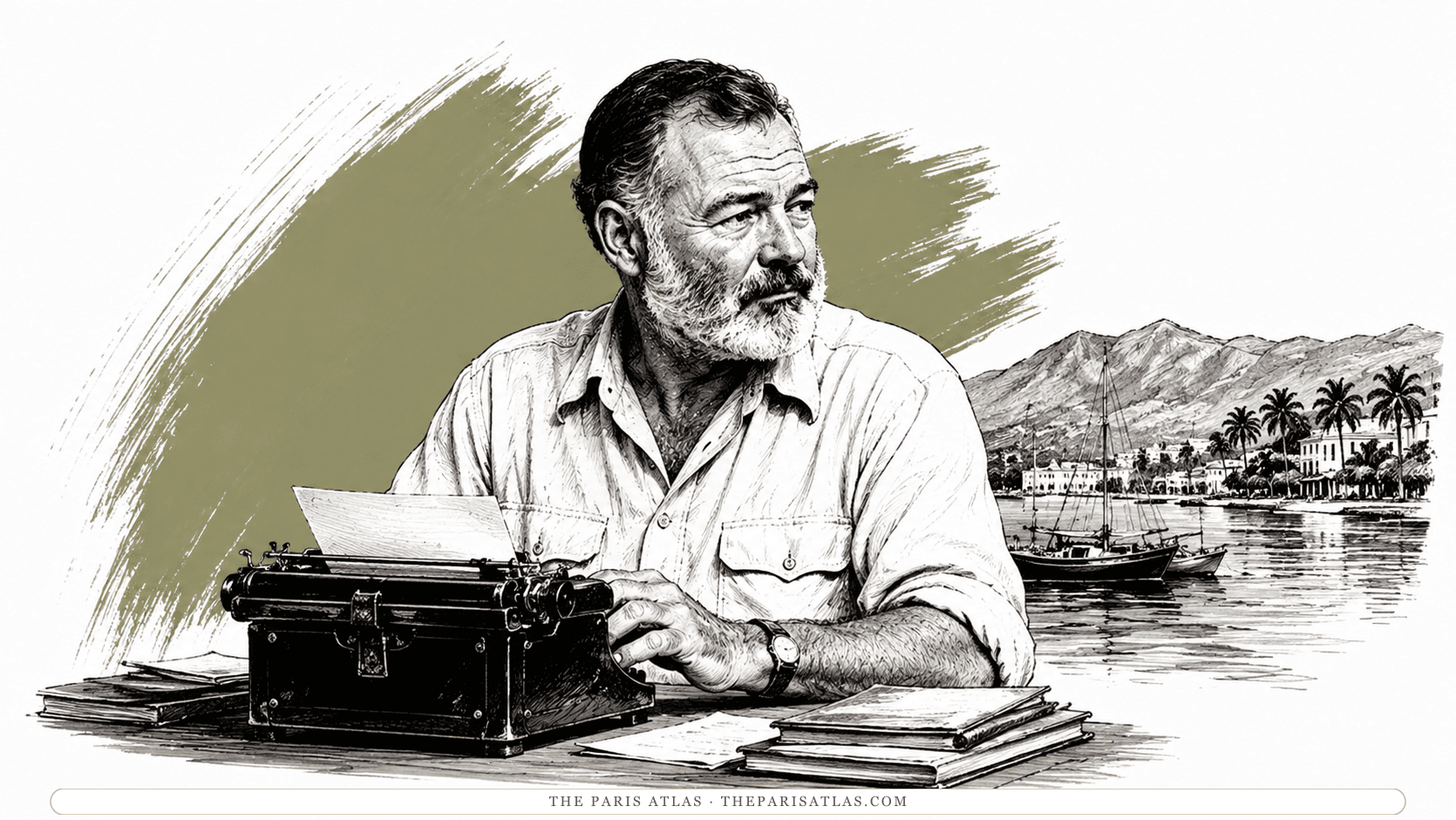 Ernest Hemingway at a portable typewriter on a wooden table, loose pages and bound notebooks beside him, with a Caribbean harbor behind: palms, colonial houses along the waterfront, moored sailboats, and mountains beyond.