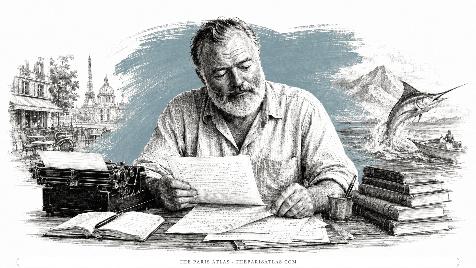 Ernest Hemingway reading a handwritten page closely, a typewriter and an open notebook to his left and a stack of bound books to his right, with a Paris café and the Eiffel Tower behind one shoulder and a marlin and a fishing skiff behind the other.