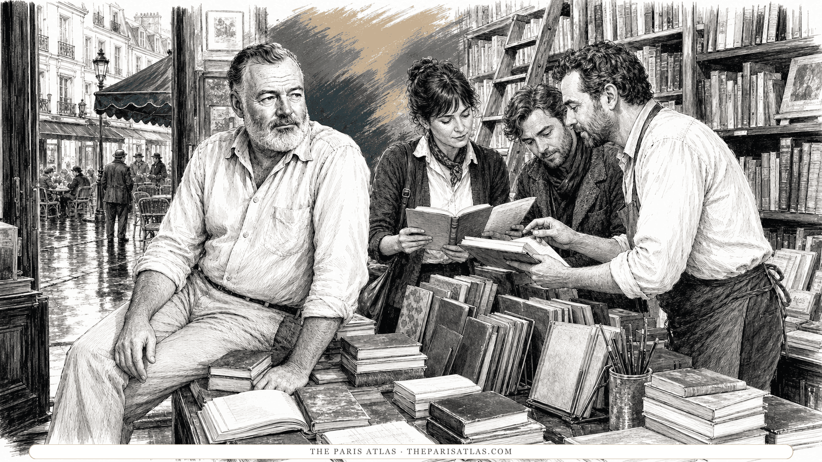Ernest Hemingway seated on a display table in a Paris bookshop while a bookseller and two readers compare several unlabelled volumes.